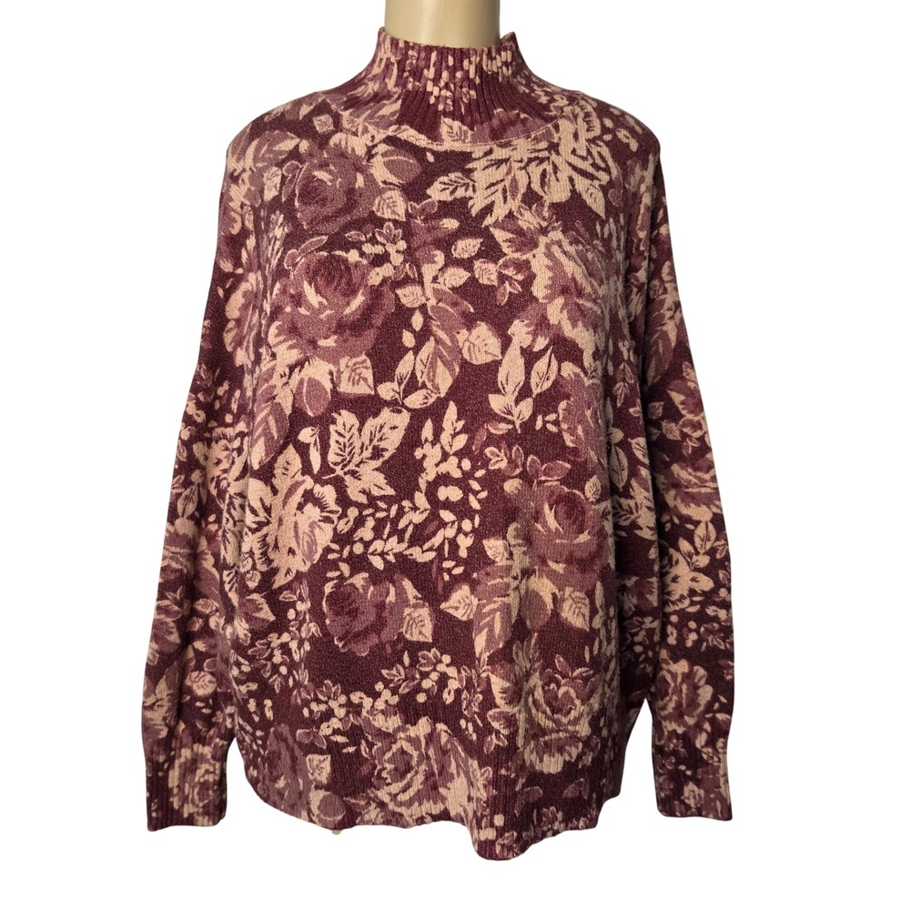 LC Lauren Conrad Sweater Women 1X Burgundy Floral Mock Neck Long Sleeve Knit
